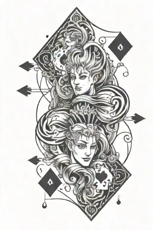Playing Card Elements Intertwined With Hisoka's Distinctive Features In A Black-grey Style