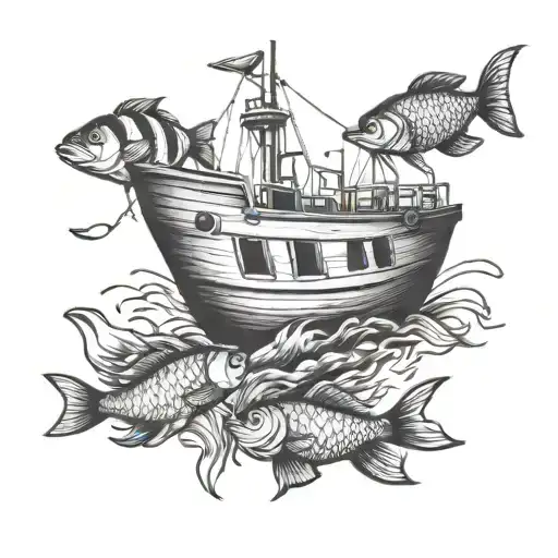 Small Fishing Vessel With Fish Swimming