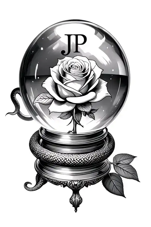 A Rose In A Crystal Ball With The Initials Jp Inside With A Snake Wrapped Around It