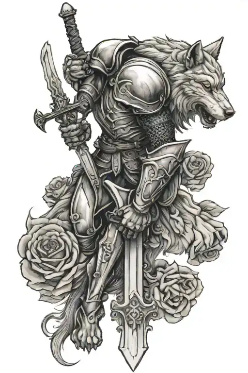 Knight Kneeling With A Sword With Wolf Blended By Roses
