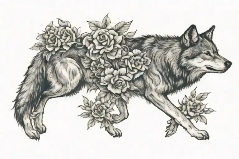 Wolf With Flowers To Right Side
