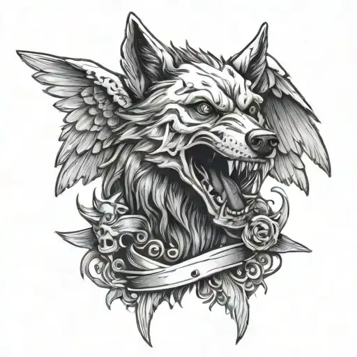 Skull Of A Wolf With Wings And Gunblade