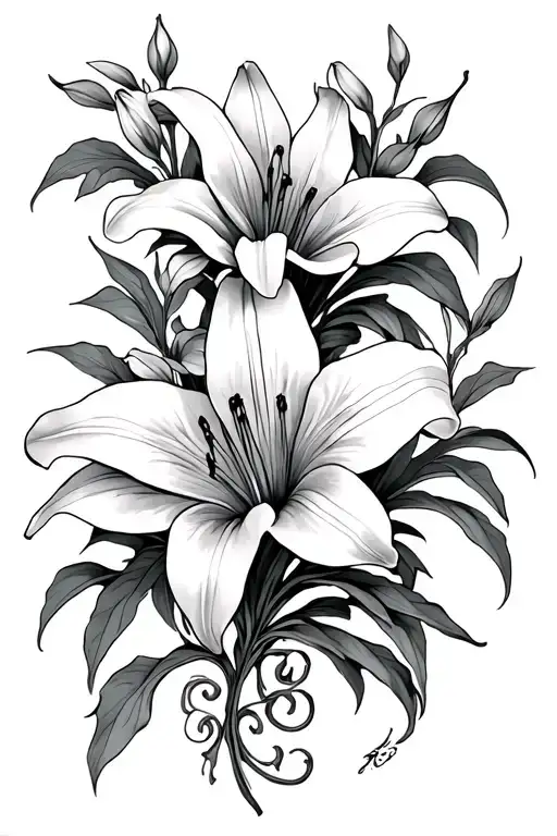 3 Tiger Lilies Verdical Black And White With Vines And Leaves