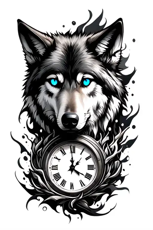Wolf With Blue Eyes With Clock Face Surrounded