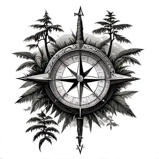 Compass With Men In The Jungle Forest With Trees