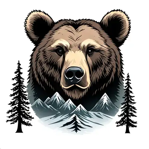 Bear Head With Trees And Mountains In It