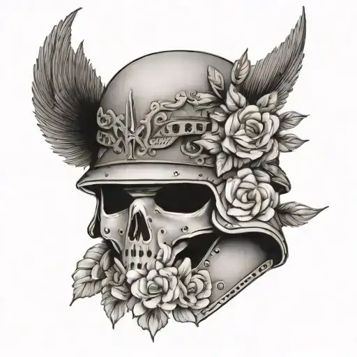 A Black-grey Tattoo Of A Military Helmet Adorned With Crochet Patterns And Surrounded By Flowers