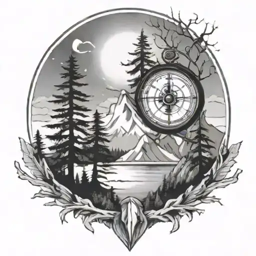 Compass Mountain Clock Tree Aurora Borealis