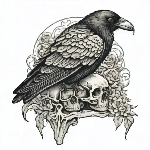 Crow Raven Sitting On Human Skull