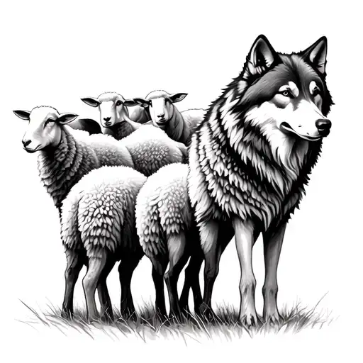 Shaded In Wolf Herd With Sheep In The Middle