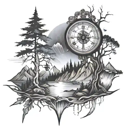 Compass Mountain Clock Tree Aurora Borealis