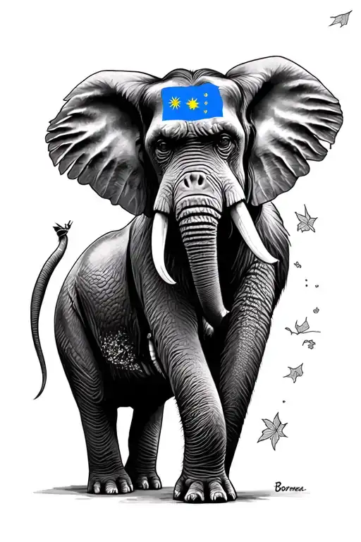 Elephant With Orangutan With Map Of Borneo And Malaysian Flag