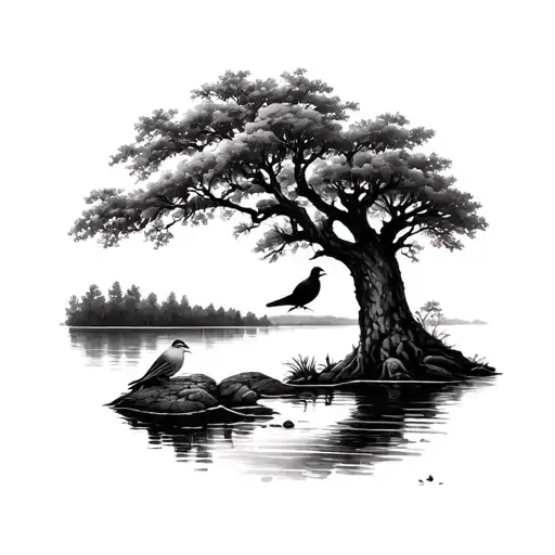 Lake With Oak Tree And Dove Perched In Tree