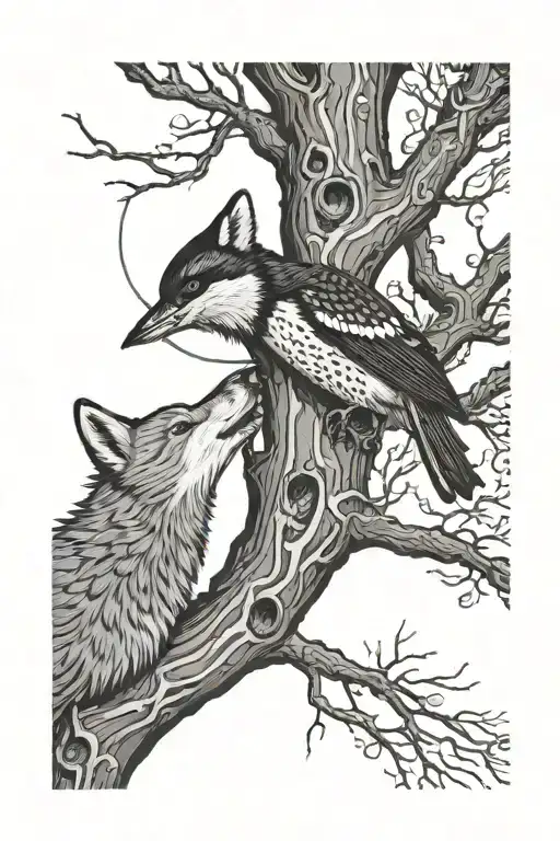 Woodpecker Pecking Tree And Wolf Howling To Moon