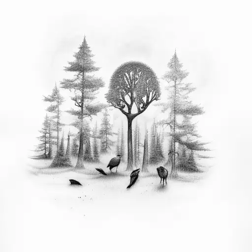 Forest At Night With 2 Crows And 2 Wolfs