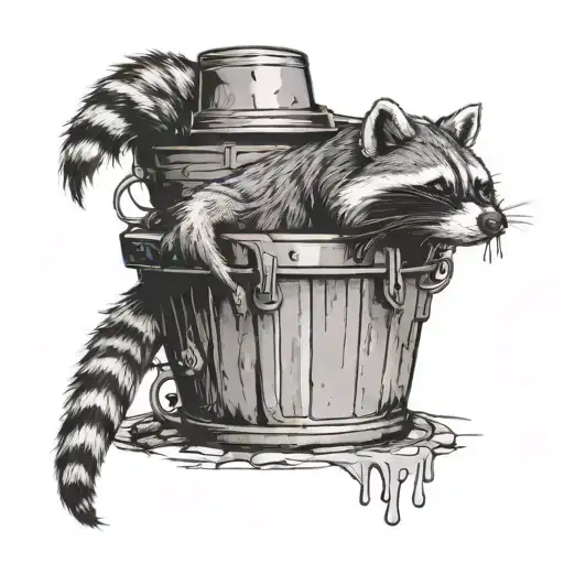 Raccoon In A Trash Can With A Coffee Pot As A Helmet