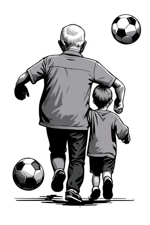 Grandpa And Grandson Holding Hands Walking Away While The Grandpa Holds With His Arm A Soccer Ball
