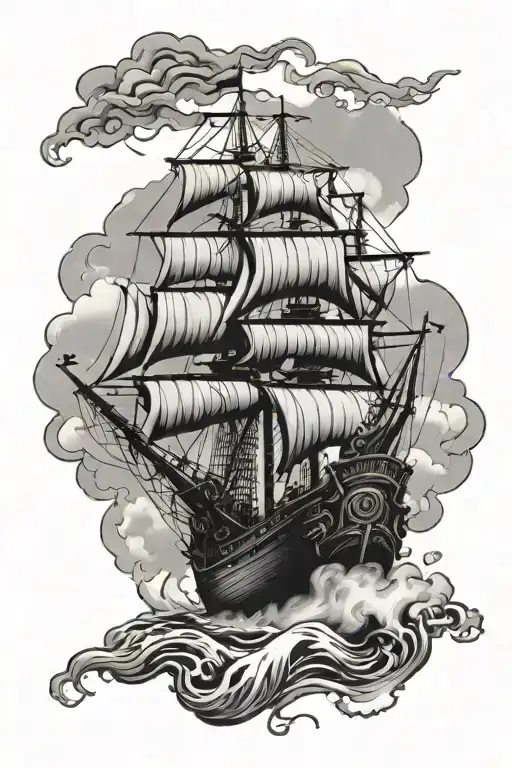 Sunken Pirate Ship Sailing Through Stormy Seas