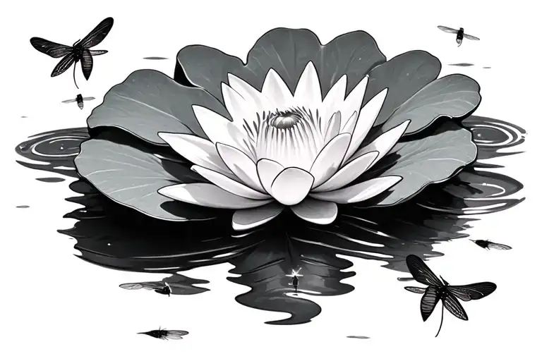 Water Lily On A Lily Pad With Fireflies Around It