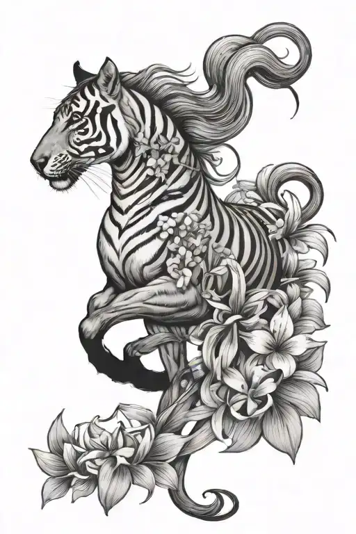 A Horse And A Tiger With Lilly Flowers Intertwined