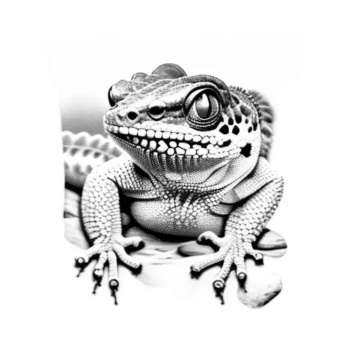A Realistic Black And Grey Portrait Of A Gecko Crawling On A Rock