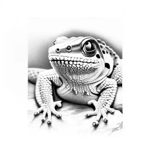 A Realistic Black And Grey Portrait Of A Gecko Crawling On A Rock