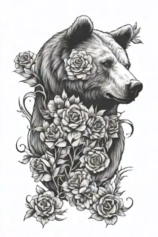 Bear Head With Flowers Intertwined