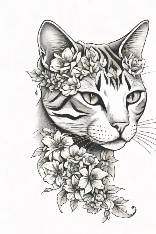 Cat Face With Delicate Flowers