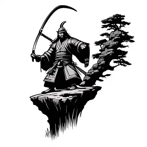 Samurai Standing On A Cliff In A Fighting Position