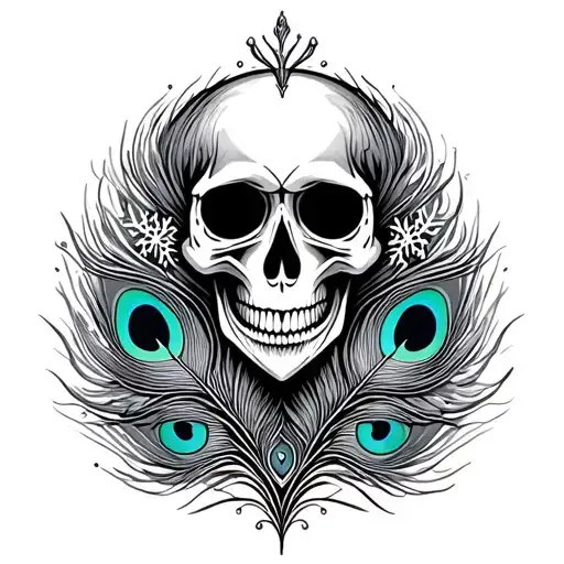 Skull Peacock Feather Intertwined With Snow Flakes Line Art Tribal