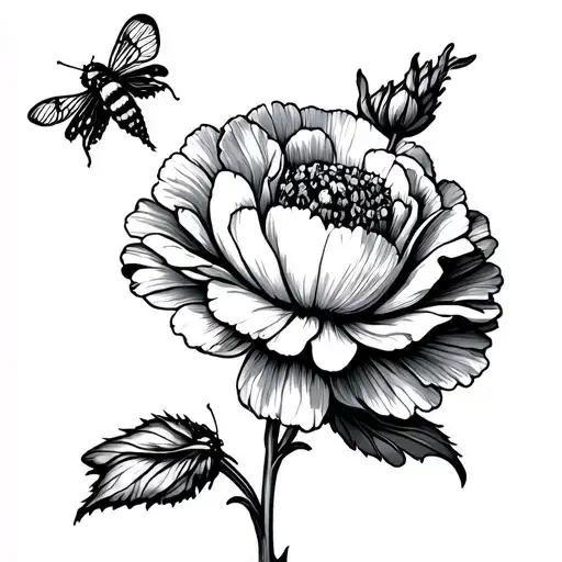 Carnation Flower With A Small Moth On Its Back All Thin Lined