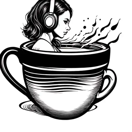 Coffee Cup With A Woman Wearing Headphone Line Art Rising From The Cup