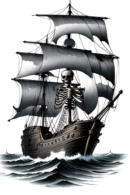 Skeleton On Pirate Ship Sailing Through Stormy