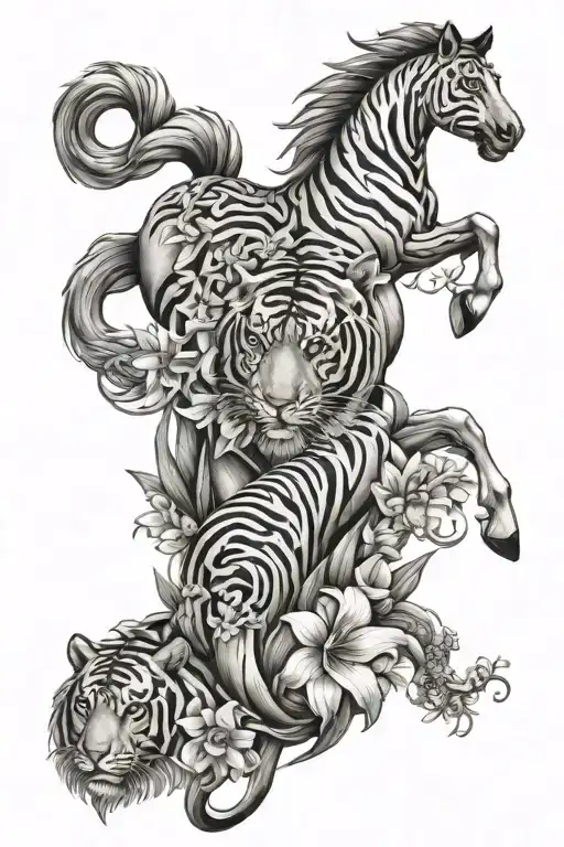 Lilly Flowers Intertwined With A Horse And A Tiger