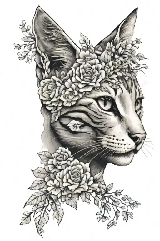 Cat Face With Delicate Flowers