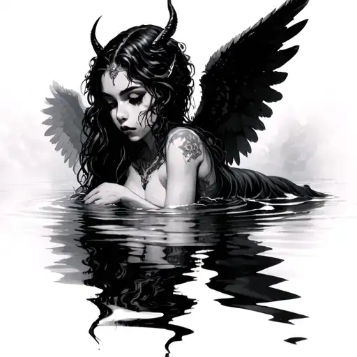 I Want An Angel Girl Soft Laying On Water And The Water Reflecting Her But In An Demon Mood
