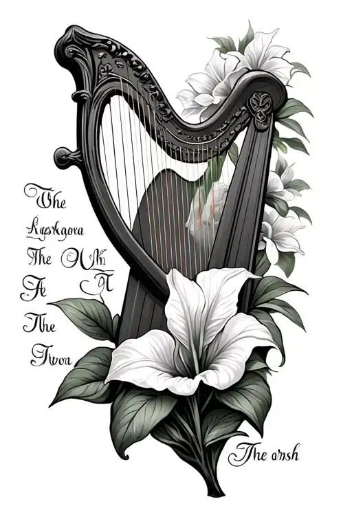 Irish Harp With Irish Writing Next To It With An Irish Peace Lily Black And White