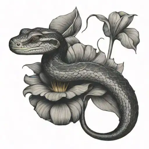 Water Python Body With Water Lily's Female Tattoo Design
