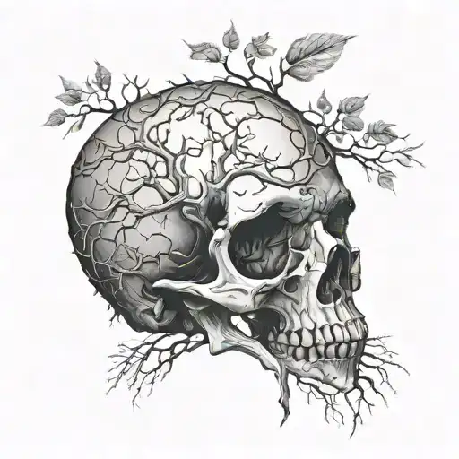 A Tree Growing Out Of A Skull's Right Eye Socket Set Entwined