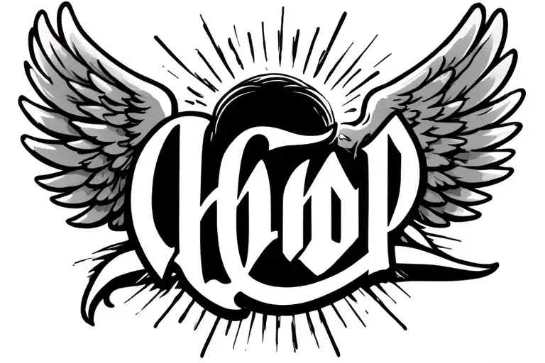 Chop In Cursive With Sun Rays Coming Off The Letters And Angel Wings