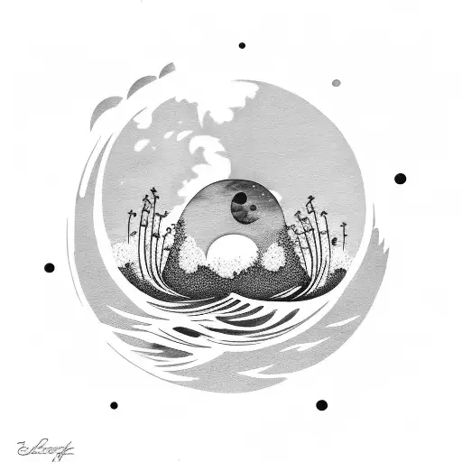 Monstera N Fern Leaf With Crashing Waves And Rhe Moon