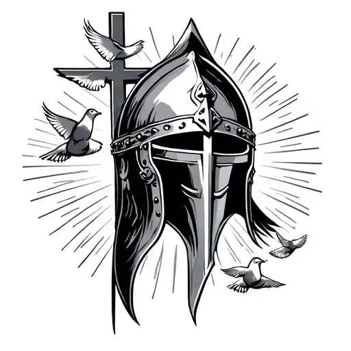A Crusader Helmet With A Cross Shooting Sun Rays Along With Doves Flying