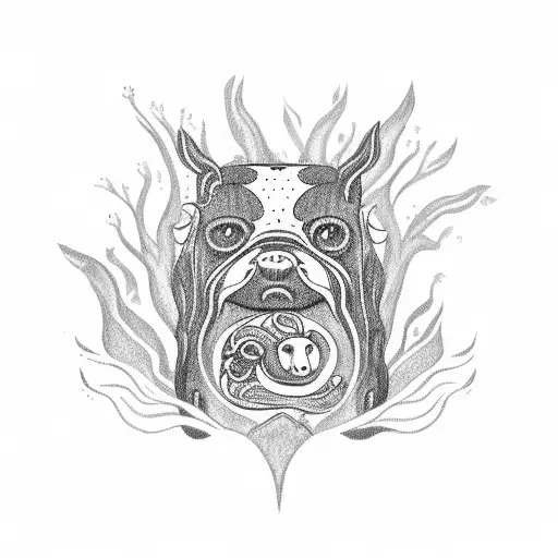 A Black And Grey Tattoo Of A River Flowing Through A Forest With A Xolotl Dog Standing Nearby