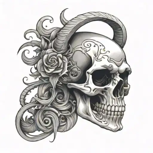 Black And Grey Curled Horns Skull