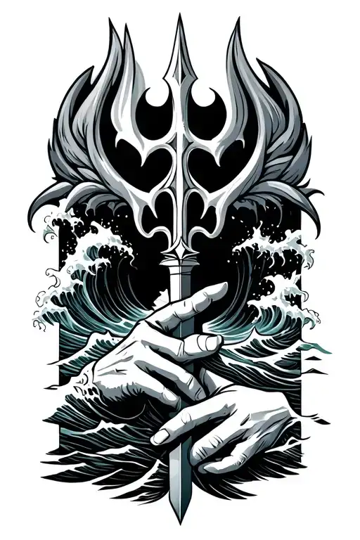 Trident Wirh Waves Crashing And Hand Pulling Down Trident