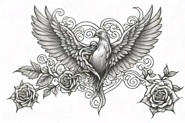 Bird Wings Wi Hearts And Roses Intertwined