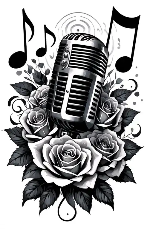 Music Notes Flowing With Microphone Surrounded By Roses Intertwined