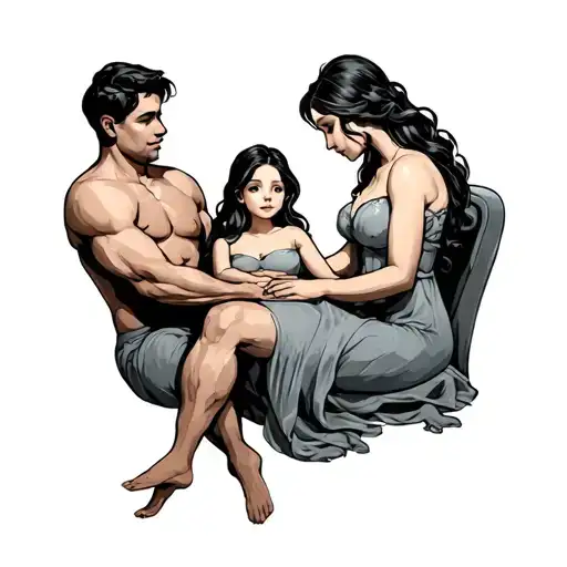 Father Protect Wife And Daughter Sitting