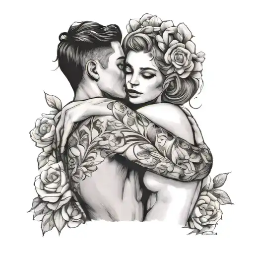 Handsome Boy Hugging Beautiful Girl From Behind With Flowers