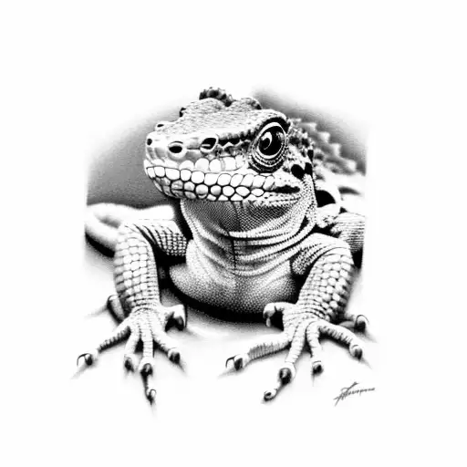 A Realistic Black And Grey Portrait Of A Lizard On A Wall